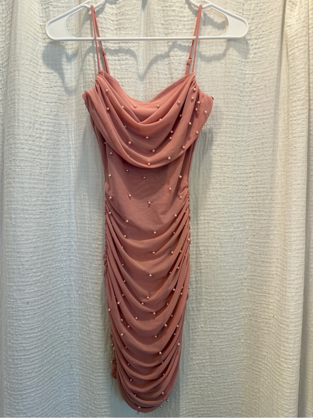 Windsor Pink Pearl Embellished Ruched Mesh Cowl Neck Mini Dress